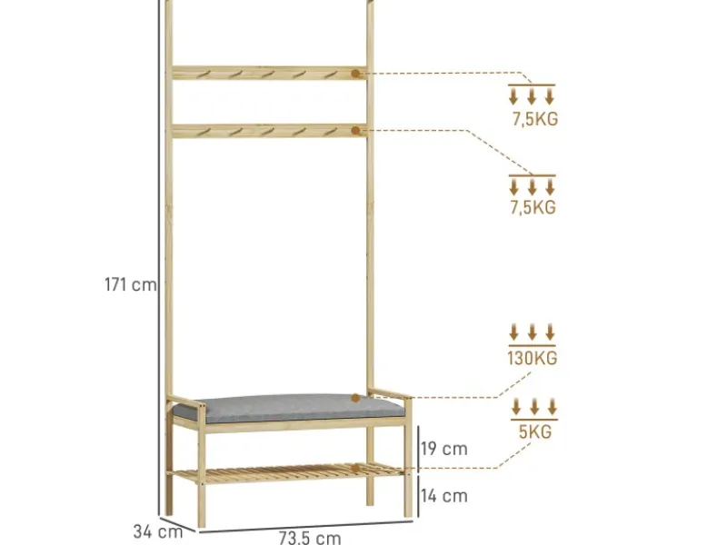 HOMCOM Kissen^Garderobe mit Schuhbank Bambus Naturholz 73,5L x 34B x 171H cm
