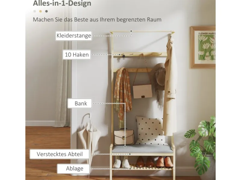 HOMCOM Kissen^Garderobe mit Schuhbank Bambus Naturholz 73,5L x 34B x 171H cm