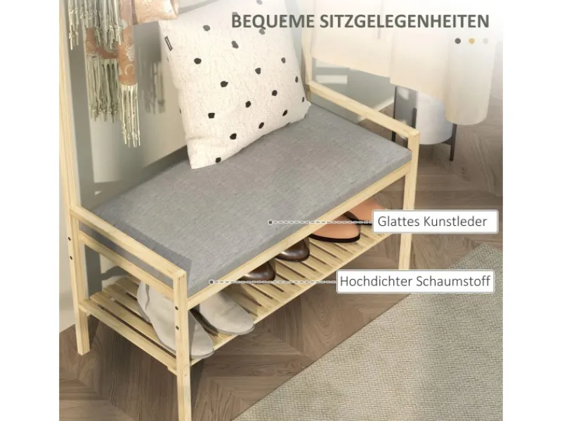HOMCOM Kissen^Garderobe mit Schuhbank Bambus Naturholz 73,5L x 34B x 171H cm