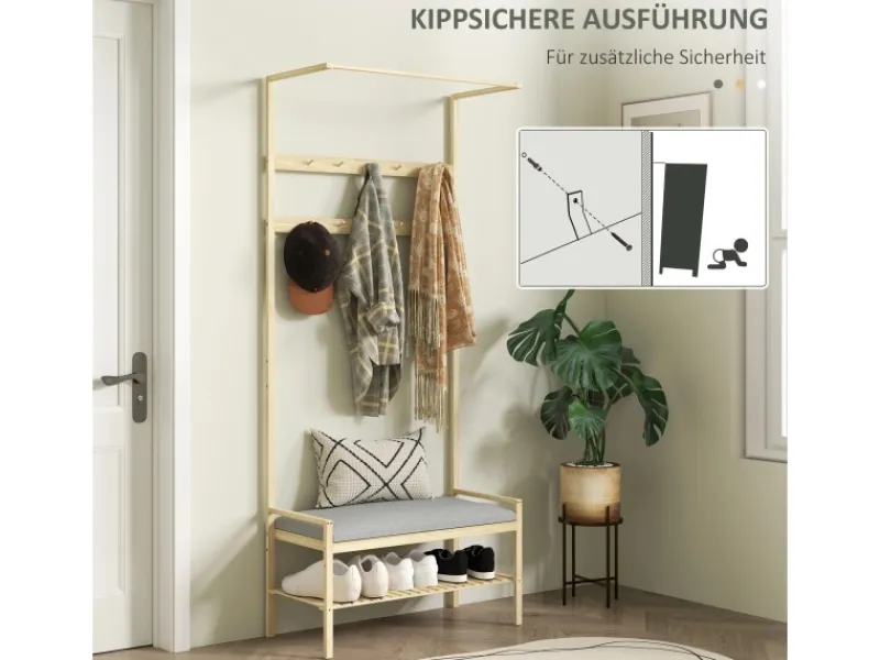 HOMCOM Kissen^Garderobe mit Schuhbank Bambus Naturholz 73,5L x 34B x 171H cm