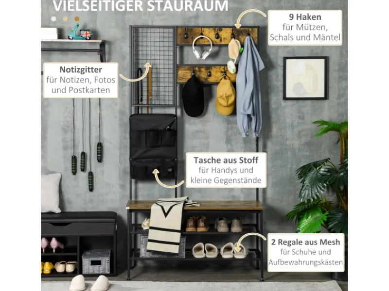 HOMCOM Garderobenständer mit Sitzbank für Eingangsbereich Flur Rustikal-Braun