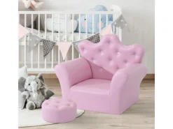 HOMCOM Sofas|Sessel^Kindersofa mit Ottomane in Kronenform Rosa 58 x 40,5 x 49 cm