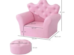 HOMCOM Sofas|Sessel^Kindersofa mit Ottomane in Kronenform Rosa 58 x 40,5 x 49 cm