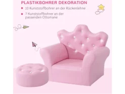 HOMCOM Sofas|Sessel^Kindersofa mit Ottomane in Kronenform Rosa 58 x 40,5 x 49 cm