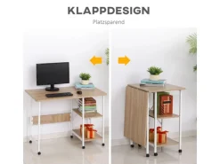 HOMCOM Bücherregale^Klapptisch Mobiler Computertisch mit Rollen MDF Natur 107 x 55 x 76 cm