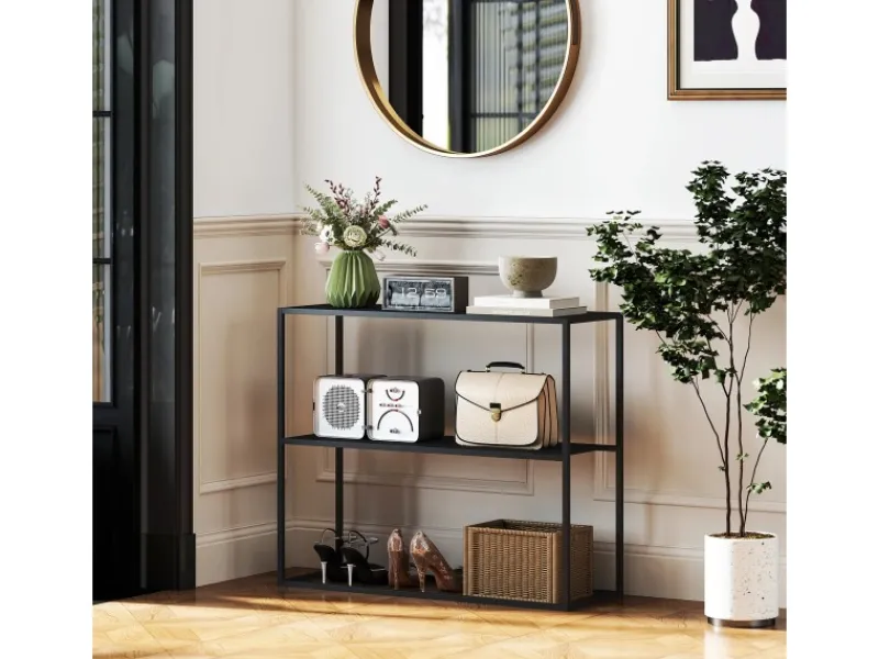 HOMCOM Konsolentisch mit 2 Ebenen Kippschutz Stahl 90 x 30 x 75 cm Schwarz