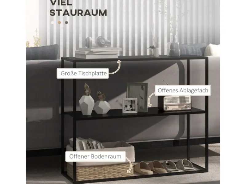 HOMCOM Konsolentisch mit 2 Ebenen Kippschutz Stahl 90 x 30 x 75 cm Schwarz