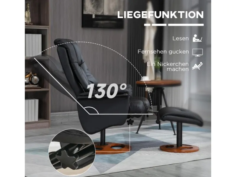 HOMCOM Relaxsessel mit Hocker 130 Grad Neigbar Kunstleder Schwarz 77 x 89 x 110 cm