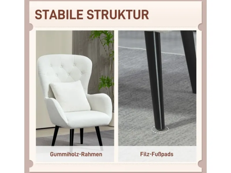 HOMCOM Sessel mit Holzbeine Polyester Weiß 88L x 75B x 106H cm