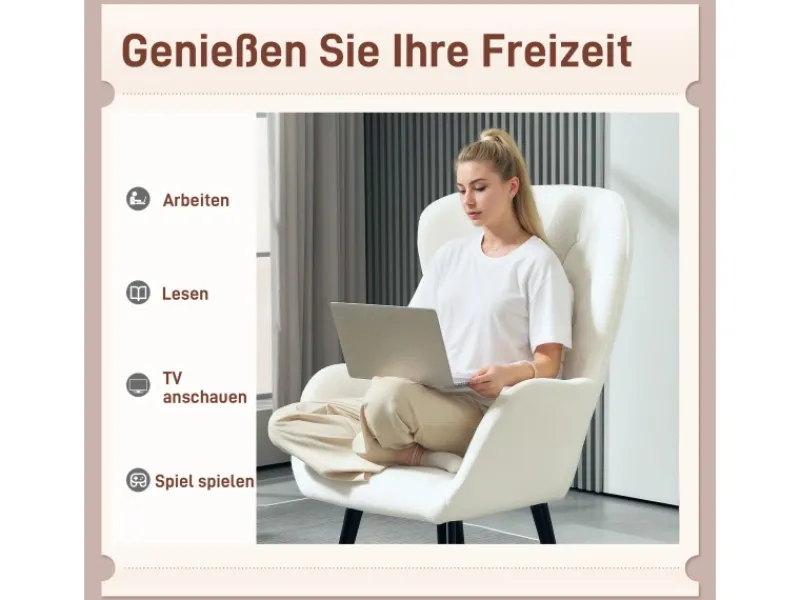 HOMCOM Sessel mit Holzbeine Polyester Weiß 88L x 75B x 106H cm