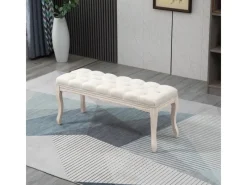 HOMCOM Sitzbänke^Sitzbank Vintage Schlafzimmer Gummiholz Leinen Beige 110 x 40 x 48 cm