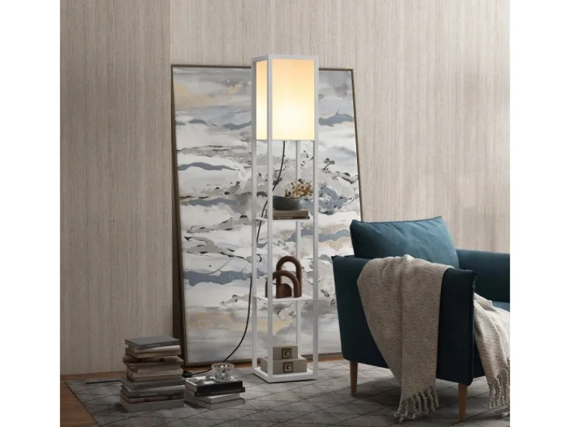 HOMCOM Stehleuchte mit Regalen E27 Holz Weiß 26 x 26 x 160 cm Ohne Glühbirne