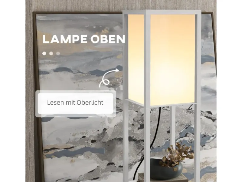 HOMCOM Stehleuchte mit Regalen E27 Holz Weiß 26 x 26 x 160 cm Ohne Glühbirne