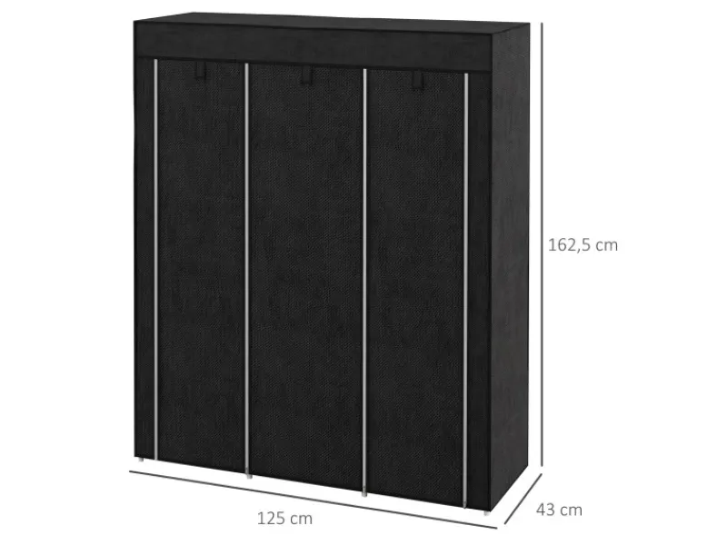 HOMCOM Bettwäsche^Stoffschrank mit Kleiderstange 8 Ebenen Faltbar Schwarz 125 x 43 x162,5cm
