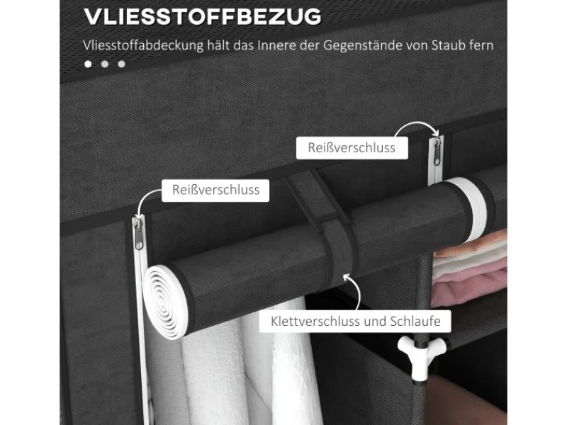 HOMCOM Bettwäsche^Stoffschrank mit Kleiderstange 8 Ebenen Faltbar Schwarz 125 x 43 x162,5cm