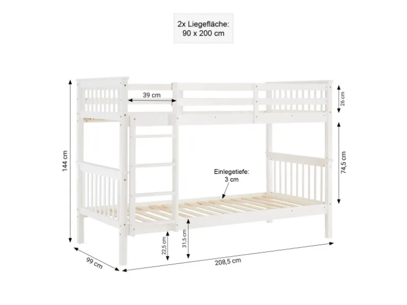 Homestyle4u Etagenbett für Kinder Hochbett Weiß 90x200 cm 2882