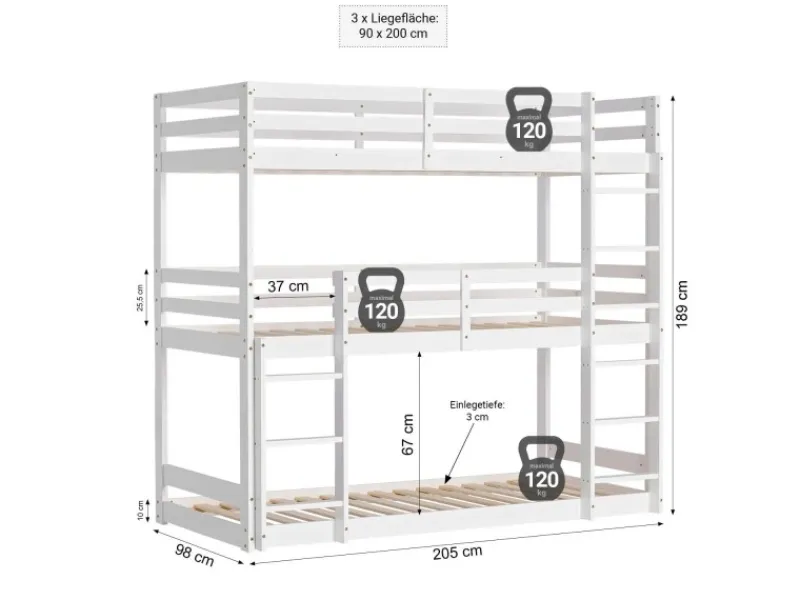 Homestyle4u Leitern|Betten^Etagenbett 90x200 cm in Weiß 1978