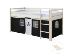 Homestyle4u Hochbett 90x200 mit Vorhang und Lattenrost in Weiß Pirat 2538