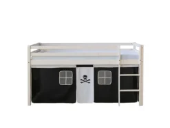 Homestyle4u Hochbett 90x200 mit Vorhang und Lattenrost in Weiß Pirat 2538