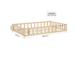 Homestyle4u Kinderbett Natur mit Rausfallschutz 120x200 cm Bodenbett Lattenrost 2839