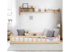 Homestyle4u Bettwäsche^Kinderbett Natur mit Rausfallschutz 90x200 cm Bodenbett Lattenrost Matratze 3025