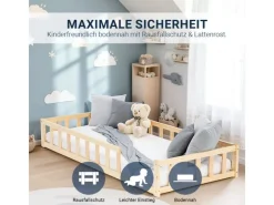Homestyle4u Bettwäsche^Kinderbett Natur mit Rausfallschutz 90x200 cm Bodenbett Lattenrost Matratze 3025