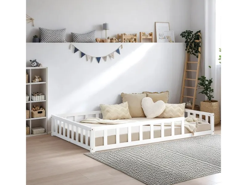 Homestyle4u Kinderbett mit Rausfallschutz 120x200 cm Bodenbett Lattenrost Matratze 3026