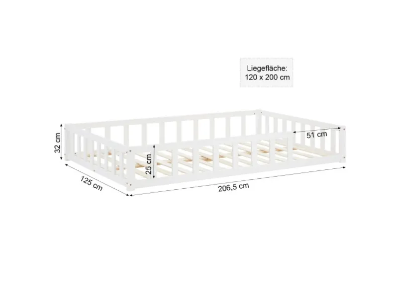 Homestyle4u Kinderbett mit Rausfallschutz 120x200 cm Bodenbett Lattenrost Matratze 3026