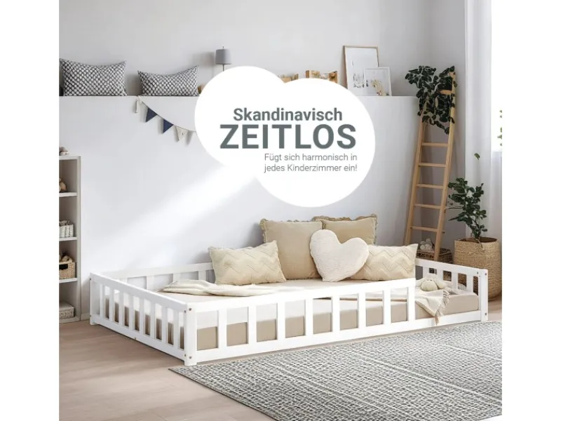Homestyle4u Kinderbett mit Rausfallschutz 120x200 cm Bodenbett Lattenrost Matratze 3026