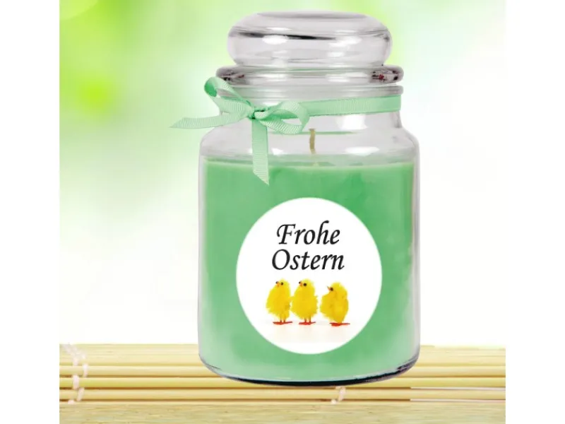 HS Candle Ostern^Duftkerze & Glas Frohe Ostern Bonbon Ø10 cm Coconut Limes Küken