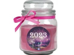HS Candle Duftkerze & Glas Neujahr Lila Bonbon 70h