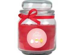 HS Candle Duftkerze & Glas Ostern Rot Bonbon 70h Küken