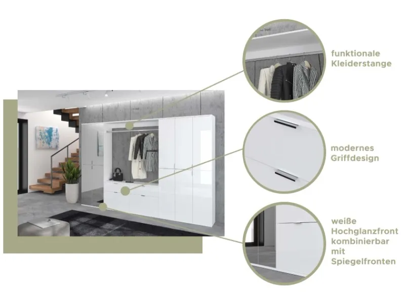 Inn.Furn Garderoben-Set 5-teilig Weiß Hochglanz 273 cm Viel Stauraum SystemX