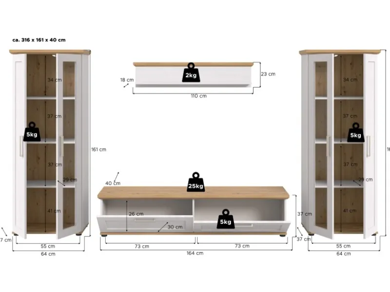 Inn.Furn Wohnwand in Weiß Lärche Landhaus 4-teilig 316 cm Mirano