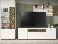 Inn.Furn Wohnwand Weiß Gold 3-teilig 305 cm Fühlbare 3D-Struktur Relief