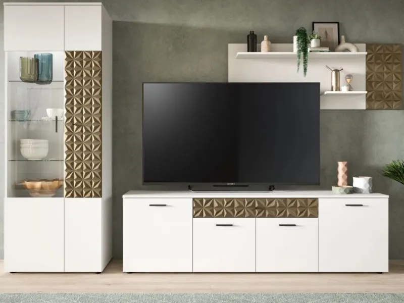 Inn.Furn Wohnwand Weiß Gold 3-teilig 305 cm Fühlbare 3D-Struktur Relief