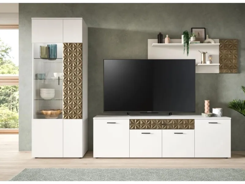 Inn.Furn Wohnwand Weiß Gold 3-teilig 305 cm Fühlbare 3D-Struktur Relief