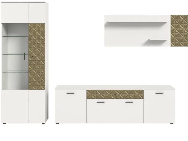 Inn.Furn Wohnwand Weiß Gold 3-teilig 305 cm Fühlbare 3D-Struktur Relief