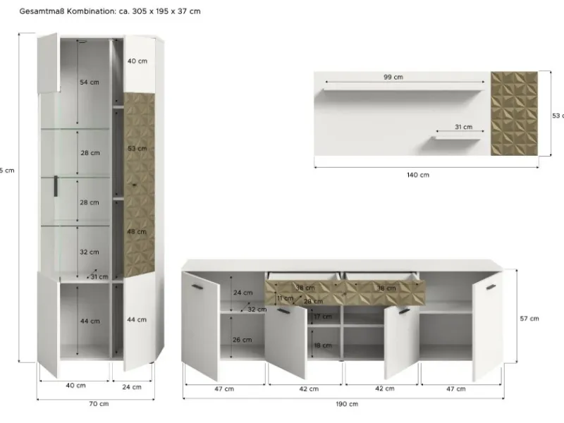 Inn.Furn Wohnwand Weiß Gold 3-teilig 305 cm Fühlbare 3D-Struktur Relief