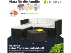 Juskys Polyrattan Lounge Sitzgarnitur Punta Cana M Schwarz mit Bezügen in Creme