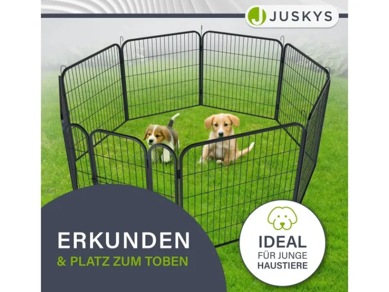 Juskys Welpenauslauf Plus aus Metall mit Doppelt Verriegelbarer Tür 8 Teilig