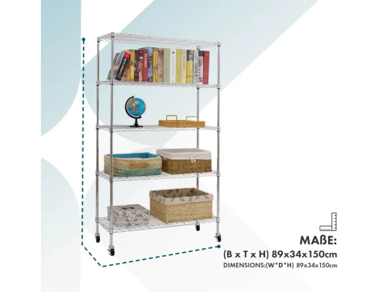 Karat Regale Schwarz|Metallregale^Gitterregal Maya mit Rollen und Feststellbremse 5 Böden 89 x 34 x 150 cm