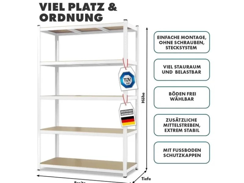 Karat Schwerlastregal^Schwerlastregal Weiß für Keller und Werkstatt Gesamtlast 875 kg 180 x 90 x 60 cm