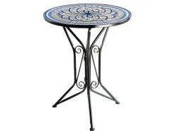 Mosaik^Kobolo Gartentisch Mediterran mit Platte in Mosaikoptik Weiß Blau Höhe 68 cm Durchmesser 55 cm