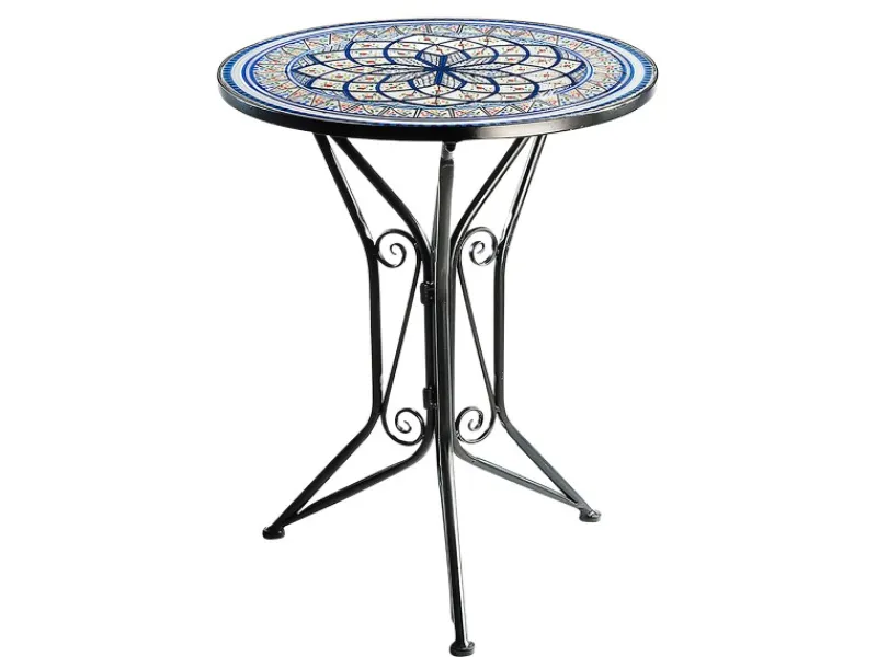 Mosaik^Kobolo Gartentisch Mediterran mit Platte in Mosaikoptik Weiß Blau Höhe 68 cm Durchmesser 55 cm