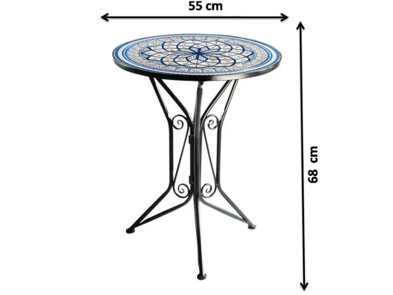 Mosaik^Kobolo Gartentisch Mediterran mit Platte in Mosaikoptik Weiß Blau Höhe 68 cm Durchmesser 55 cm