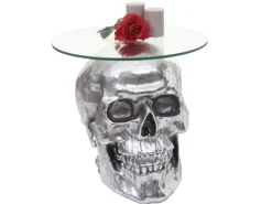 MCW Tische^Beistelltisch Totenkopf A19 Polyresin Glastisch Wohnzimmertisch Silber 52x55x55cm