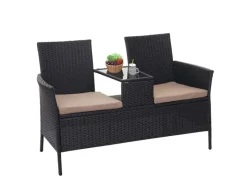 MCW Poly-Rattan Sitzbank mit Tisch E24 Kissen Creme
