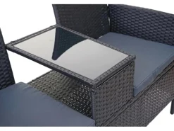 MCW Sitzbänke^Poly-Rattan Sitzbank mit Tisch E24 Kissen Dunkelgrau