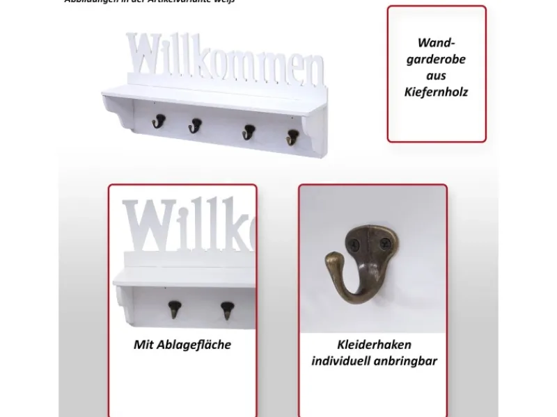MCW Wandgarderobe D41 Willkommen 4 Haken Schwarz/weiß